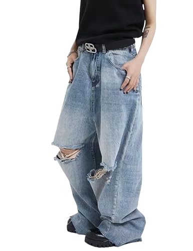 FCOOLYEET Jeans Y2k Men Grunge Hip Hop Baggy Pants Straight Leg Distressed Jeans Joggers Loose Fit Ripped Jeans Streetwear