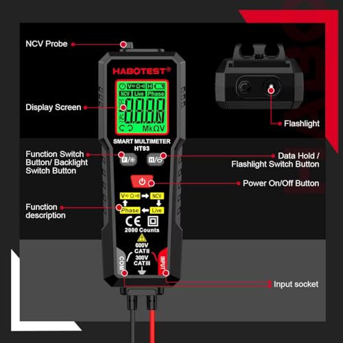 Image of HABOTEST HT93 2000 Counts Non Contact Voltage Phase Sequence Detection AC DC Voltage Small Smart Digital Multimeter