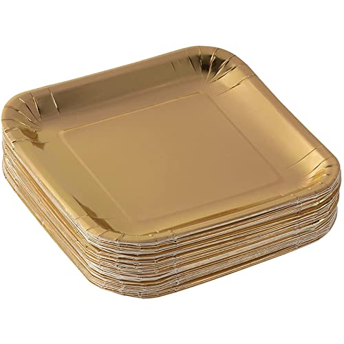 Gold Paper Plates - 48-Pack Disposable 9-Inch Square Plates For Cake, Appetizer, Dessert, Lunch, Metallic Gold Foil, Birthday Party Supplies #TOP4