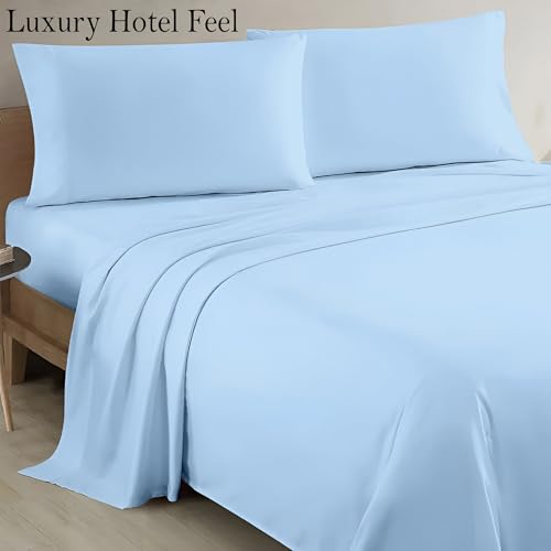 Image of Light Blue King Flat Sheet Only, Soft 100% Cotton Top Sheets | Sateen Weave 1 Piece Cool & Breathable Luxury Hotel Quality Bed Sheets, Extra Soft and Comfy - Wrinkle Free Bedsheet
