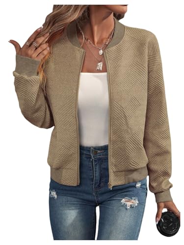 SOLY HUX Women's Cropped Bomber Jacket Textured Lightweight Zip Up Fall Fashion Outerwear Long Sleeve Casual Jacket Pure Khaki Medium