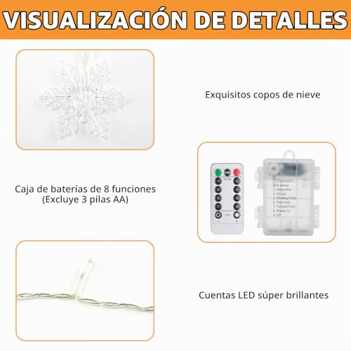 DAZZTIME LED Fairy Lights Snowflakes,4m 96LED Luz de ventana de Navidad para interiores,Cortina Luces de Copo de Nieve,LED Cortina de Luces,Guirnaldas Luces Cortina Copo de Nieve,para Navidad — imagen 3