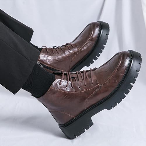 Image of Men's Textured Leather Platform Chunky Low Heel Combat Boots with Side Zipper Vintage Round Toe Lug Sole Non-Slip Lace-Up Motorcycle Boots Work Office Business Casual Oxfords
