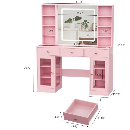 Image of Pink Vanity Desk with Mirror and Lights, Glass Top Vanity with Lighted Mirror & RGB Cabinet and 3 Drawers, Dressing Table with 8 Shelves, Makeup Desk with Lights for Girls Bedroom, 3 Color Modes