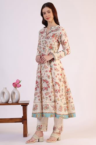 Image of W for Woman Reef Blue Floral Printed Modal Straight Kurta, Pants and Dupatta Set