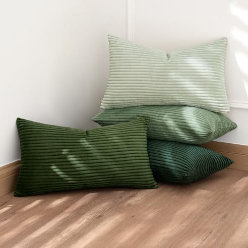Image of MIULEE Boho Farmhouse Sage Green Throw Pillow Covers 12x20 Inch Set of 4 Mordern Nordic Cushion Covers Soft Corduroy Spring Home Decor for Couch Bed Sofa Living Room Forest Green