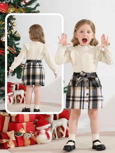 Toddler Girl Outfits Fall Winter Clothes Cotton Long Sleeve Tops & Plaid Button Mini Skirts Set4
