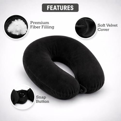 Image of Travel Neck Pillow | Soft & Supportive Fiber Filling | Washable Cover for Flight, Train & Car Travel | Comfortable U Shape Neck Support Pillow - Black