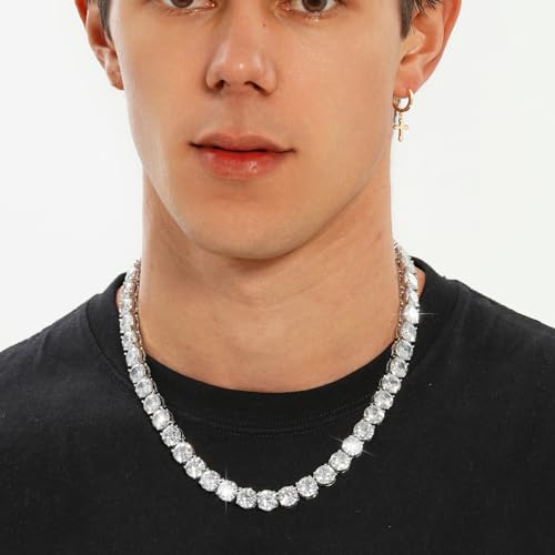 10MM Tennis Diamonds Chain Necklace 14K Gold Silver 5a+ Cubic Zirconia Full Diamond Sparkle Hip Hop Choker Chain Baguette Necklace For Men Women 16-30 Inch4