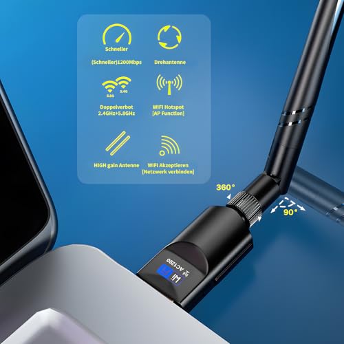WLAN Stick 1200 Mbit/s, USB 3.0 WLAN Adapter 802.11 AC Dualband WiFi Adapter 2,42 GHz / 300 Mbit/s 5,8 GHz / 866 Mbit/s 5dBi High Gain-Antenne für Windows 10-7 / XP/Vista/Mac OS 10.6-10.15