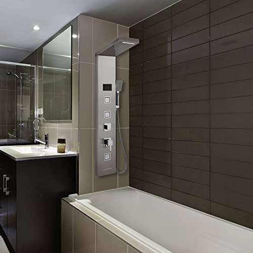 Rovogo Led Rainfall Waterfall Shower Panel With 3 Body Jets, Handheld And Tub Spout, No Battery Needed Led Shower Tower With Temperature Display, Stainless Steel Brushed #TOP2