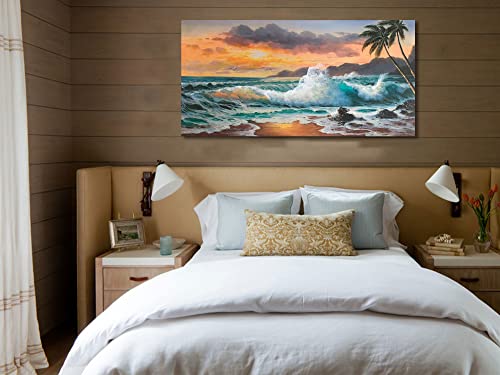 Ardemy Summer Palm Tree Canvas Wall Art Beach Sunset Seawave Tropical Picture Blue Ocean, Seascape Painting Large Framed Panoramic Landscape For Bathroom Living Room Bedroom Home Office Decor, 48"X24" #TOP2