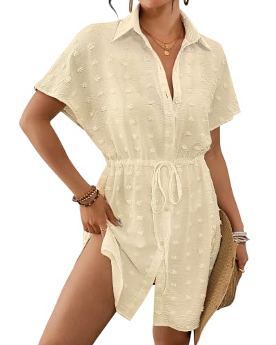 Women's Swiss Dot Short Sleeve Button Down Drawstring Cover Up Shirt Dress — view 2