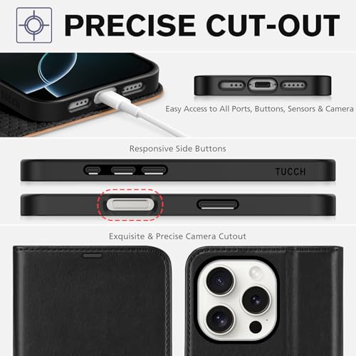 TUCCH Wallet Case for iPhone 16 Pro, [RFID Blocking] [4 Card Slots] Protective Case, Magnetic Folio Shockproof PU Leather Stand Flip Cover Compatible with iPhone 16 Pro 6.3", Black & Brown by TUCCH - Image 8