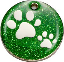Bow Wow MeowBWM Glitter Personalized Pet ID Tags Dog Tags | Dog Tag for Pets Laser Engraved & Personalised | ID Tags for Dogs & Cats | Durable, Strong & Deeply Engraved - Green Paw, Medium