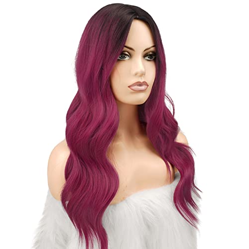 FESHFEN Long Wavy Ombre Burgundy Wigs for Women 22 Inch Middle Parting Natural Looking Synthetic Hair Fashion Curly Wig for Party Cosplay Daily Use - Image 4