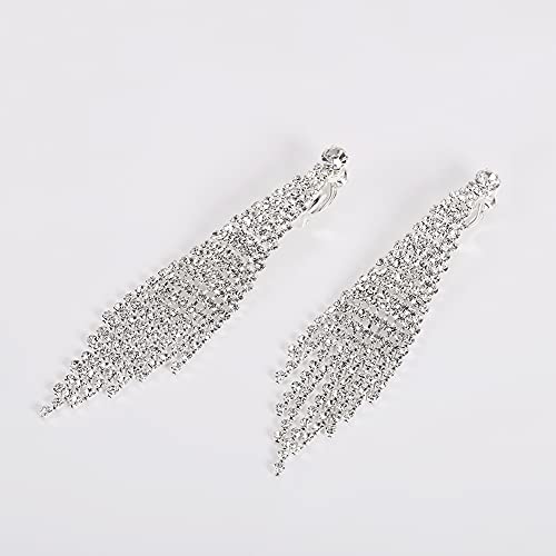 Silver Tassel Clip On Earrings For Women, Rhinestone Chandelier Earrings Boho Tassel Earrings For Wedding Bridal Party #TOP4
