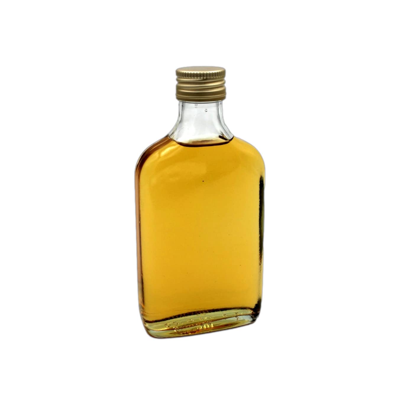 gouveo Set di 24 bottiglie di vetro Fiaschetta da 100 ml con tappo a vite oro - bottiglia piccola da 0,1 l per il riempimento - bottiglie di liquore vuote per whisky, gin, brandy, cognac (FF100G)