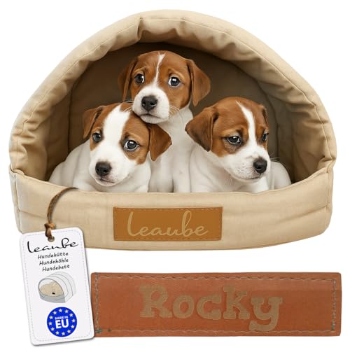 Leanbe Personalisierte Hundehütte/Hundehöhle – Kuscheliges Hundebett mit Namensgravur – Katzenhöhle & Schlafplatz für kleine und große Hunde Hundehaus (BEIGE, R3:55x47x39cm)