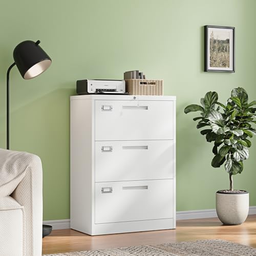 Image of Letaya 3 Drawer File Cabinets with Lock,Metal Lateral Filing Storage Cabinet Printer Stand,White Steel Home Office Cabinet for Hanging Files Letter /Legal /A4 Size (White, H39.84xW28.35xD15.74)