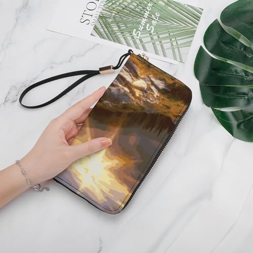 Mountain Sunrise Landscape Ladies' Leather Wallet With Hand Strap Slim Vertical Purse Wallets Card Case Long Zip Around Long Wallet Credit Cards Holder Phone Clutch4
