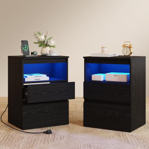 Nightstands Set of 2 with Charging Station, LED Lights and Drawer, Black - Image 2