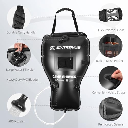 Extremus-Rainbow-Falls-Camping-Shower-66-Gallons25L-Camp-Shower-Bag-Solar-Heating-PVC-Bladder-Built-in-Thermometer-Mesh-Pocket-ABS-Nozzle-System-Portable-Solar-Shower-for-Camping