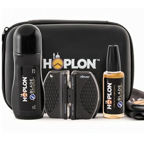 HOPLON Blade Premium Knife Care Kit – Folding Knives Open & Close Easily, Clean, Rust-Free Blades – Aceite para Cuchillos – Low-Odor Synthetic Oil with 2 Applicators, Sharpener, Microfiber & Case