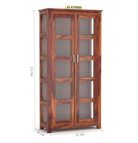 Image of Wood Book Shelf with Acrylic Glass Door, Wooden BookCases for Home Library, Crockery Units, Kitchen Cabinet, Study Room, Shelves, Home & Office, Honey Finish
