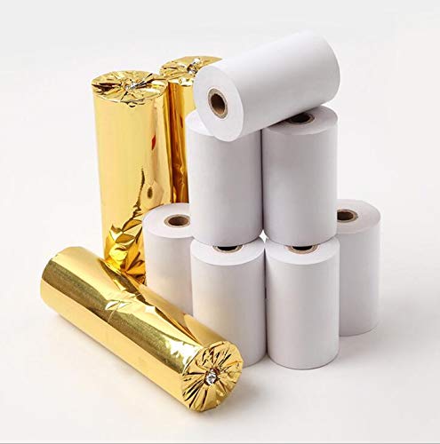 Thermal paper rolls, some wrapped in gold foil packaging, others unwrapped.