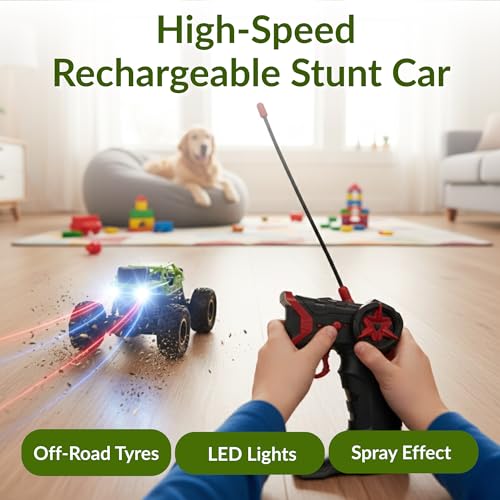 Image of Lilplay Monster Truck | Rechargeable Remote Control Car for Kids | Rock Crawler 5 Function 1:18 RC Car with Smoke | Offroad High Speed Rock Climbing Toys for Boys (Green)
