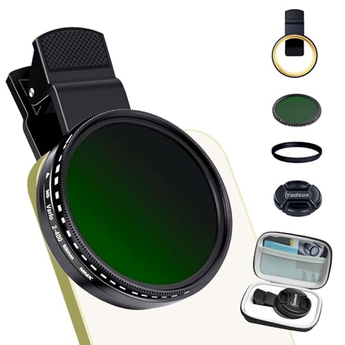 Yadsux Filtre ND2-ND400 variable de 52 mm pour iPhone, Samsung et autres smartphones, adaptateur à clipser, verre optique HD double face multi-couches SLR de qualité, accessoires d'objectif de