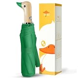 LEAGERA Wooden Duck Collapsible Umbrella - Auto Open Close Travel Umbrella With Duck Handle Compact Portable Strong Umbrellas for Rain Green