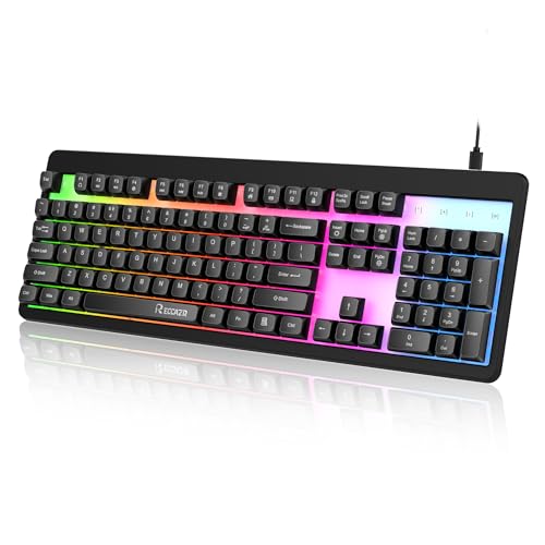 RECCAZR Rainbow LED Backlit Gaming Keyboard,104 Full-Size Mechanical Feeling Multimedia PC Gaming Keyboard, Office Keyboard Anti-Ghosting,Spill-Resistant Keyboard for PC Gaming and Office Device