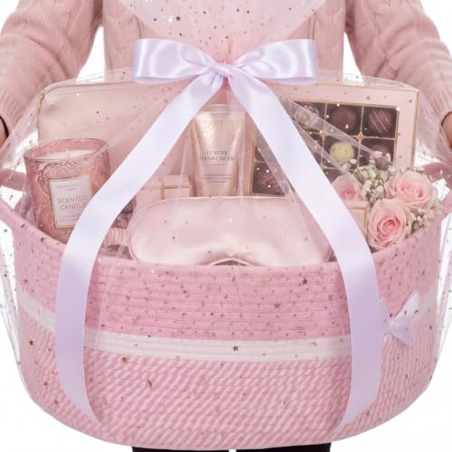 Colingmill Large Woven Gift Basket Empty, Pink, Gold Foil