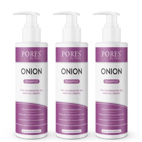 Image of PORES Be Pure Onion Shampoo with Redensyl | Cold Pressed Red Seed Onion Oil for Hair Fall Control, Dandruff & Hair Growth | Nourishing Shampoo for Dry, Damaged Hair | For Men & Women - (250 ml X 3)