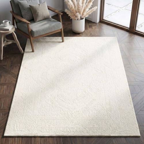VIMODA Teppich Wohnzimmer Teppich Schlafzimmer, Flur, küche Kurzflor Orient Design Vintage Hoch-Tief-Effekt Modern 3D Weich,Farbe:Creme;Maße:120 x 170 cm