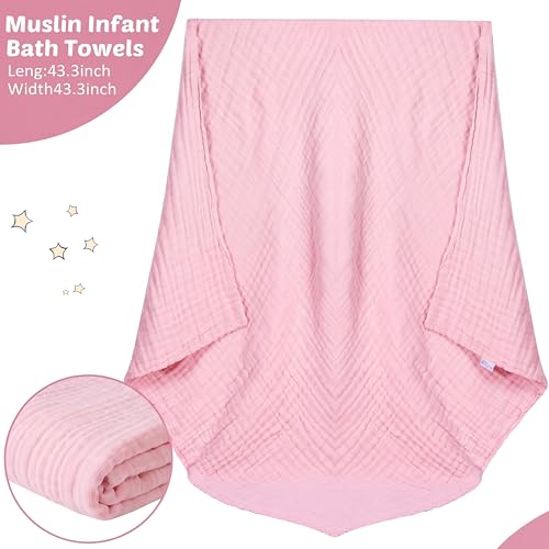 Image of Chumia 6 Pack Baby Muslin Bath Towels Bulk 43.3 x 43.3 Inch 6 Layer Soft Cotton Swaddle Receiving Blankets Breathable Quick Dry for Newborn Infant Toddler, Baby Shower Registry Gifts(Pink and White)