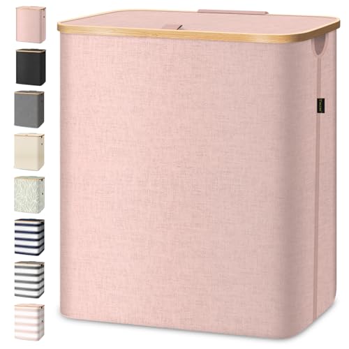 BALEINE Laundry Hamper with Lid, Tall Laundry Baskets with Bamboo Pull Handles, Large Laundry Bin with Internal Support (36 Gal/140L, Pink) 140 liters Pink
