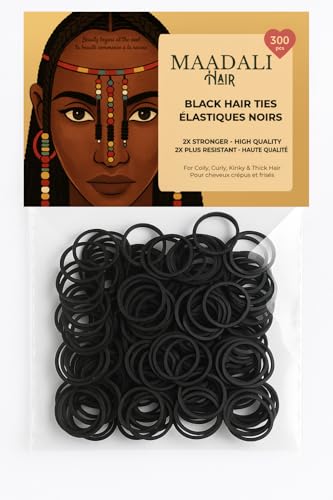 300 Black Hair Ties - Small Strong Rubber Bands for Thick, Curly & Afro Hair, Braids, Ponytails & Protective Styles - No Breakage Hair Elastics bands for Women & Girls - MAADALI