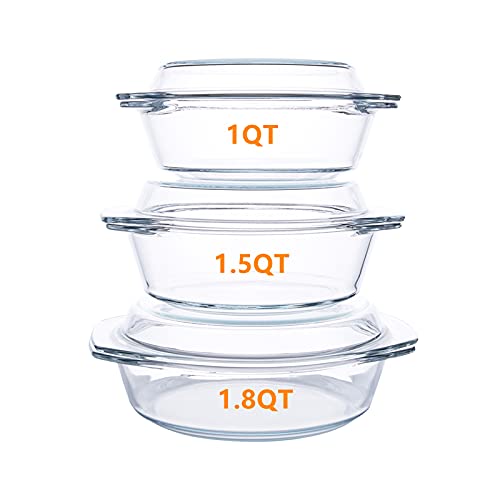 Husanmp Set Of 6 Pieces Round Tempered Glass Casserole Dish With Lids, Glass Casserole Baking Dish Set For Oven, Freezer And Dishwasher Safe - 1Qt+1.5Qt+1.8Qt #TOP2