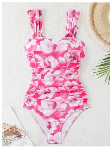 Image of OYOANGLE Girl's Floral Print One Piece Swimsuit Mesh Ruched Bathing Suit Swimwear