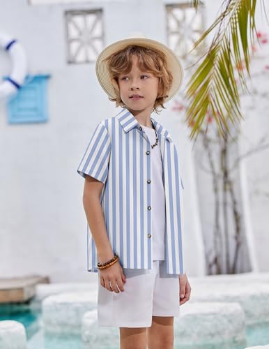 Image of Arshiner Boys Casual Short Sleeve Button Down Shirt Fashion Textured Summer Beach Shirt 3-13 Years Old