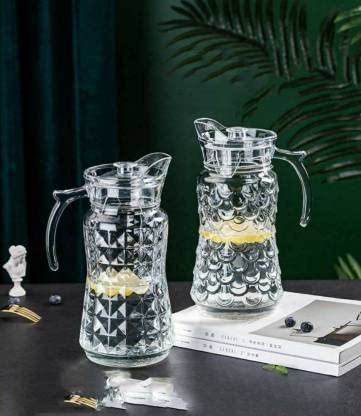 ROSEFINCH 1.7 Litre Crystal Carafe Glass Pitcher Jug with Lid Glass Kettle with Crystal Handle and Stainless Steel Lid Cover for Milk, Red Wine, Cold Water, Fruit Juice, Hot Coffee, Ice Drinks 1 Pcs.