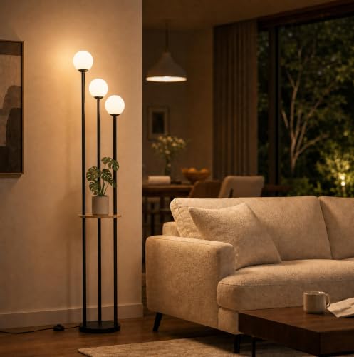 Image of Fiqevs 3 Globe Floor Lamp with Shelves - Living Room Modern Standing Lamp