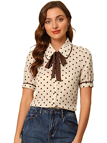 Allegra K Polka Dots Blouse for Women's Peter Pan Collar Bow Tie Neck Puff Sleeve Vintage Shirt Top