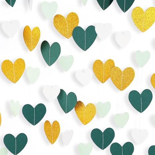 Green Garland Birthday Decorations - Green and Gold Party Decorations Sage Emerald Green Bridal Baby Shower Decor, Heart Streamers Banner Wedding Anniversary Valentines Bachelorette Garsellen