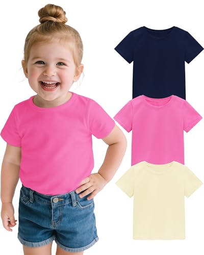 Image of 3 Pack Toddler Girls Short Sleeve Shirts Soft Cotton Basic Tee Shirt Size 18M-5T