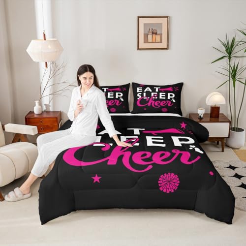 Image of Feelyou Girls Cheerleading Comforter Set Toddler Size for Girls Boys Eat Sleep Cheer Comforter Gymnastics Dancing Lovers Bedding Set Cheer Team Pink Duvet Set Quilt 2Pcs