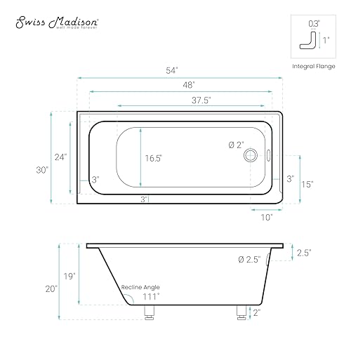 Image of Swiss Madison Voltaire 54 x 30 Right Drain Soaking Alcove Bathtub in Glossy Black